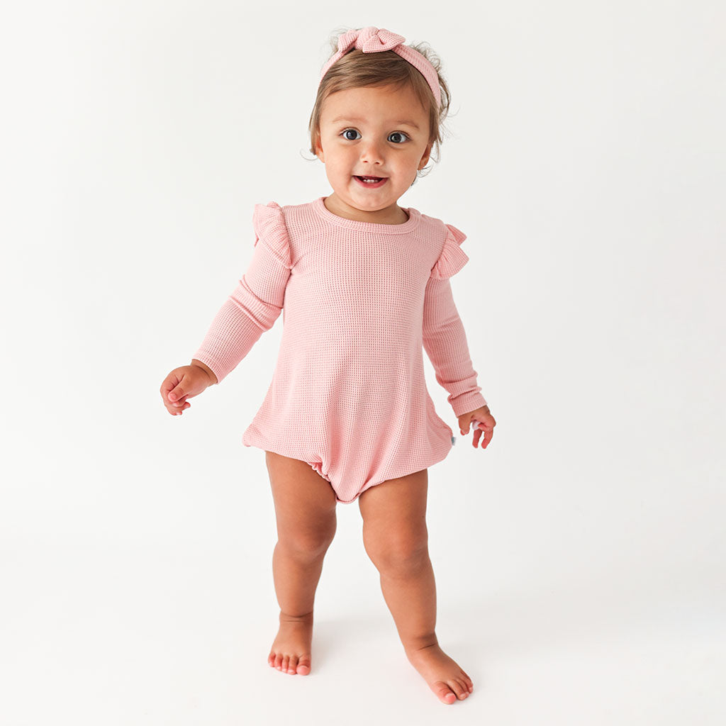 Posh Peanut Long Sleeve Ruffled Bubble Romper Fall Rose Waffle