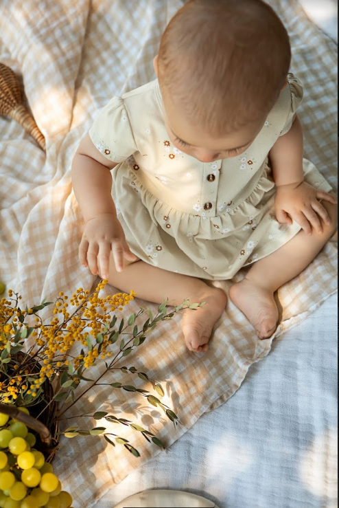 Petit Lem - Bouquet Print Jersey Peplum Dress - Beige Newborn Petit Lem - Bouquet Print Jersey Peplum Dress - Beige Newborn