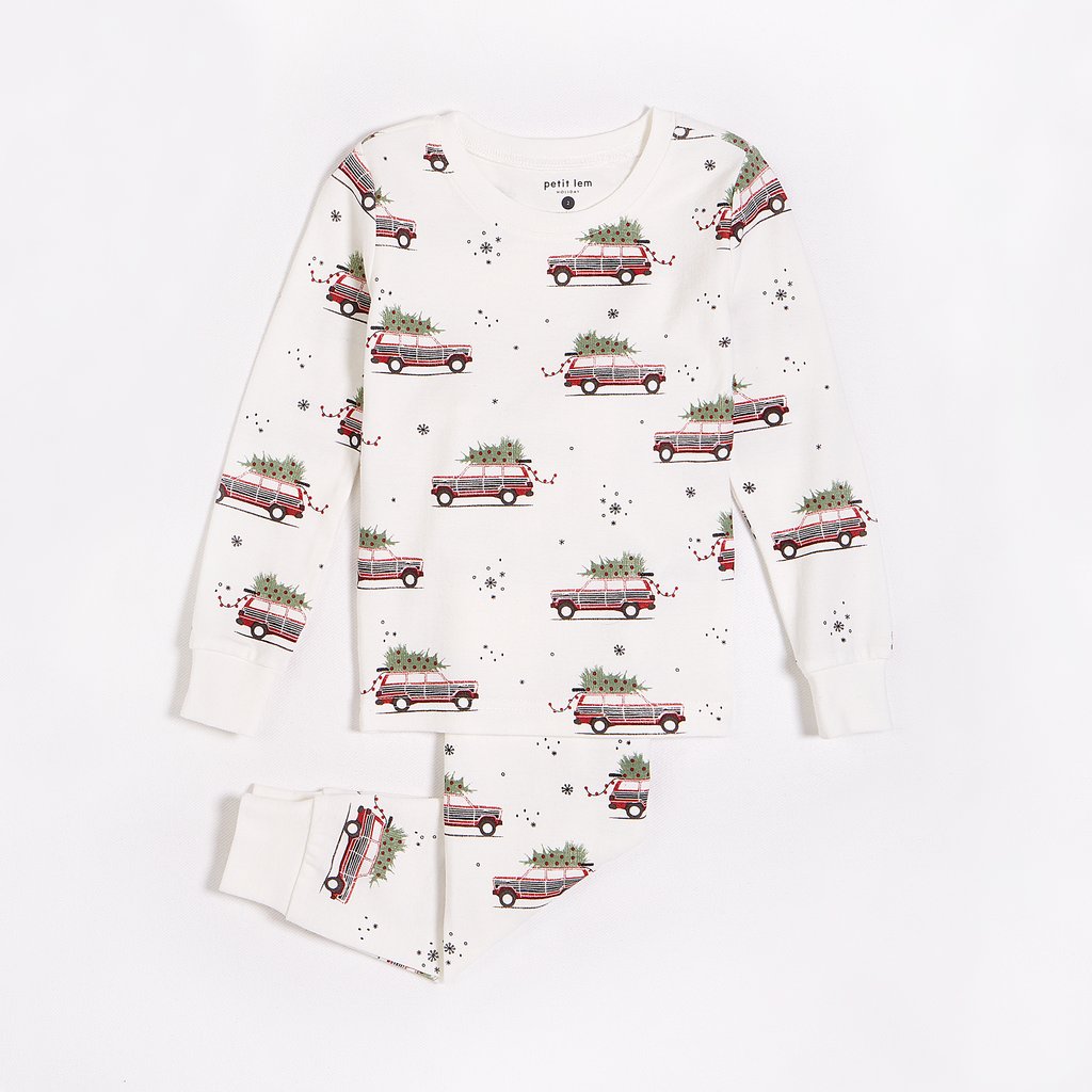 Petit Lem Festive Car Print on Off-White PJ Set