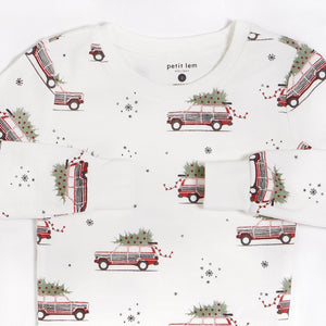 Petit Lem Festive Car Print on Off-White PJ Set