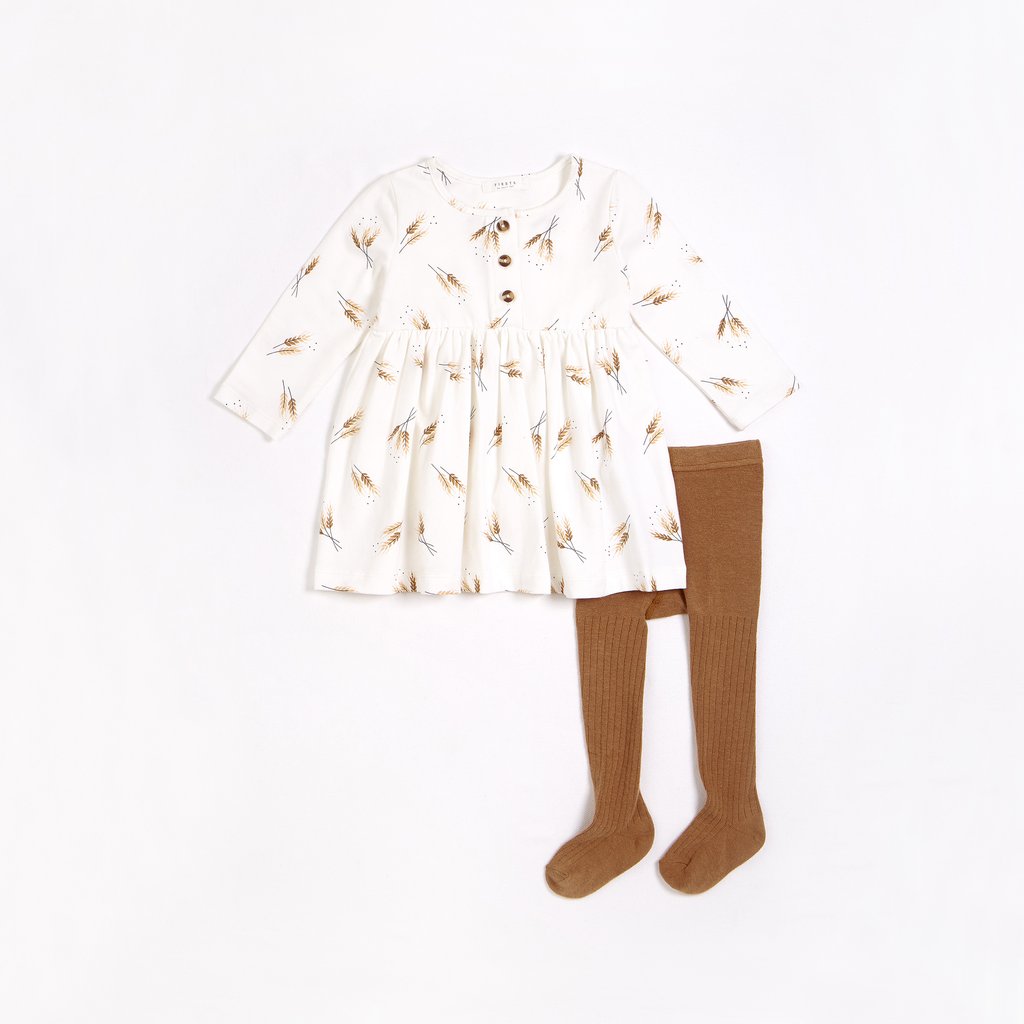 Petit Lem Off-White Wheat Printed Jersey Dress with Tights