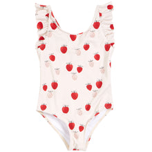 Petit Lem Strawberries Print on Sand Ruffle-trimmed Swimsuit