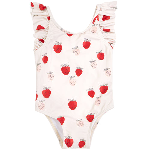 Petit Lem Strawberries Print on Sand Ruffle-trimmed Swimsuit