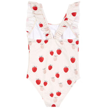 Petit Lem Strawberries Print on Sand Ruffle-trimmed Swimsuit