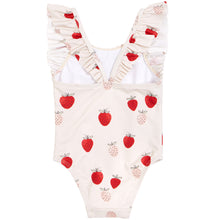 Petit Lem Strawberries Print on Sand Ruffle-trimmed Swimsuit