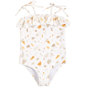 Petit Lem Golden Pebble Terrazzo Ruffle-trimmed Swimsuit