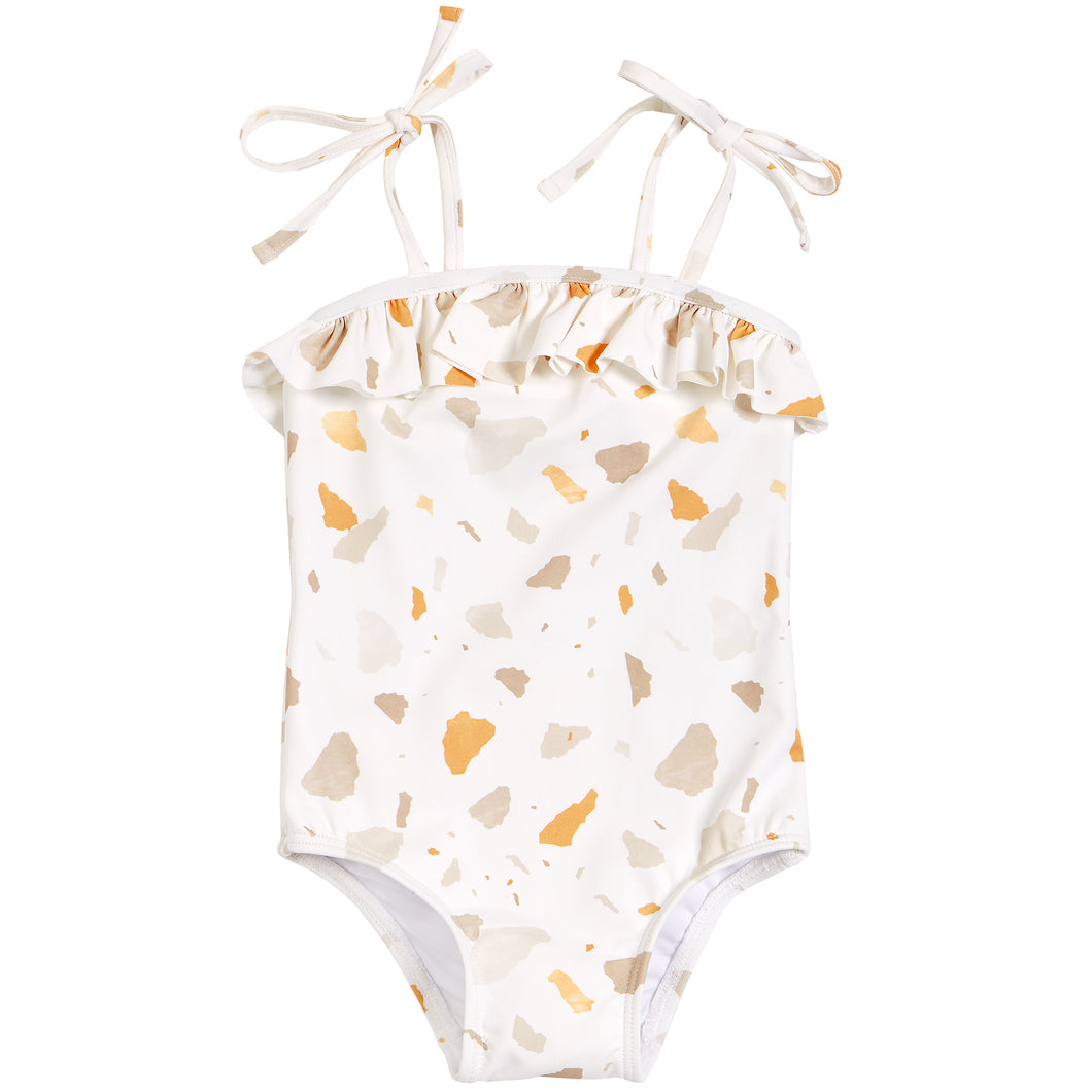 Petit Lem Golden Pebble Terrazzo Ruffle-trimmed Swimsuit