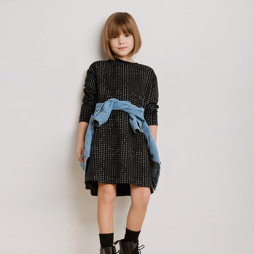 Miles MIDI Dots Printed on Black Sweatshirt Dress