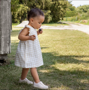 Petit Lem Beige Gingham Lightweight Cotton Twill Dress Set