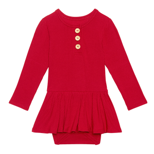 Posh Peanut Long Sleeve Henley Twirl Skirt Bodysuit - Crimson Ribbed