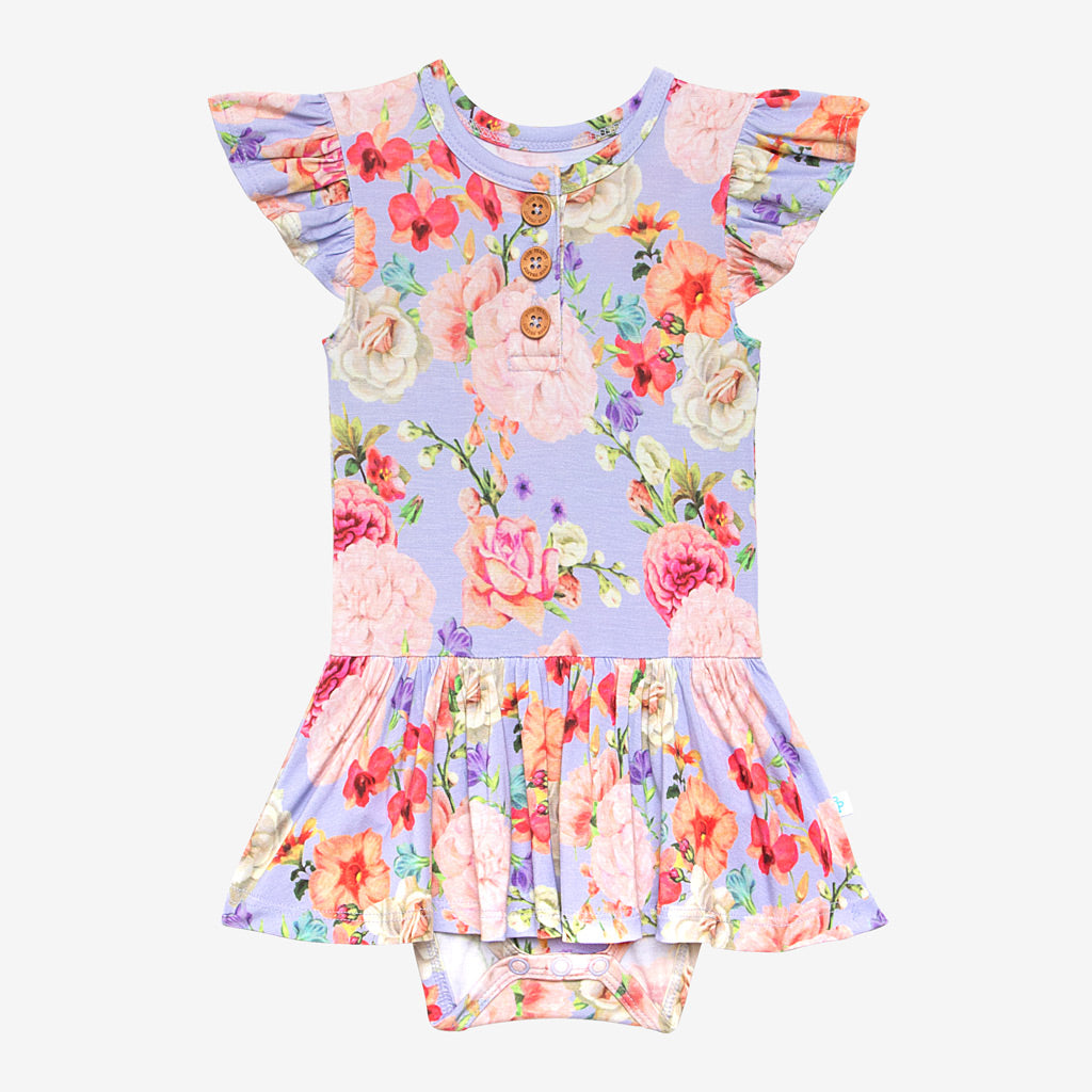 Posh Peanut Ruffled Capsleeve Henley Twirl Skirt Bodysuit - Bellamy