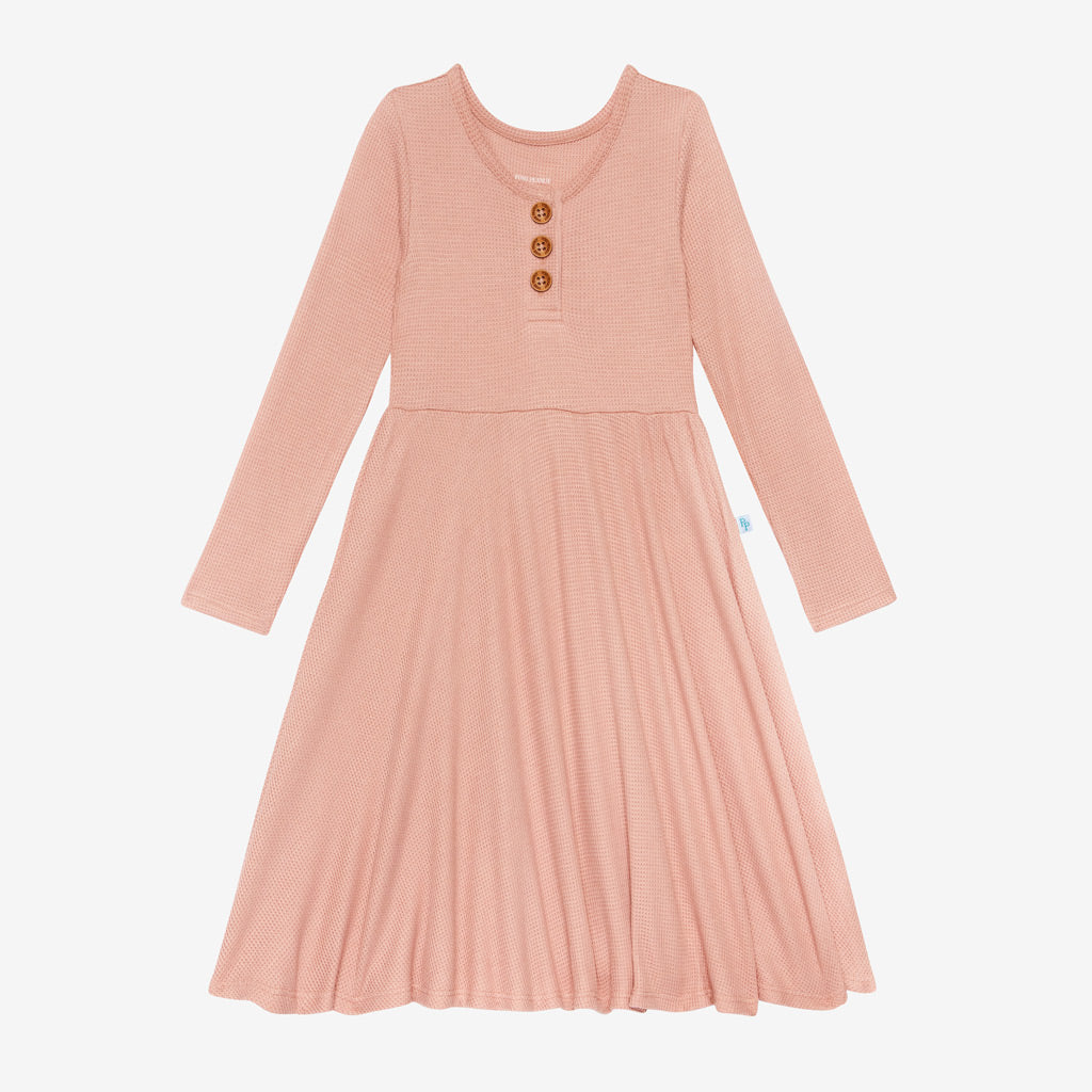 Posh Peanut Long Sleeve Henley Twirl Dress - Desert Rose Waffle