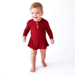 Posh Peanut Long Sleeve Henley Twirl Skirt Bodysuit - Maroon Waffle