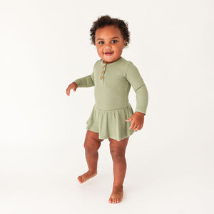 Posh Peanut Long Sleeve Henley Twirl Skirt Bodysuit - Olive Waffle