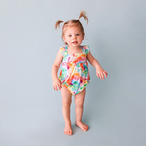 Posh Peanut Basic Ruffled Capsleeve Bubble Romper - Totally Tie Dye