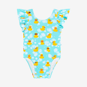 Posh Peanut One Piece Basic Ruffled Capsleeve Swimsuit - Ducky