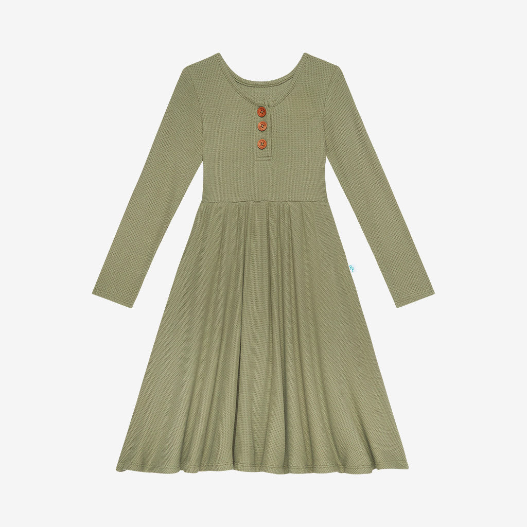 Posh Peanut Long Sleeve Henley Twirl Dress - Olive Waffle Bloom Kids Collection Posh Peanut Long Sleeve Henley Twirl Dress - Olive Waffle Bloom Kids Collection