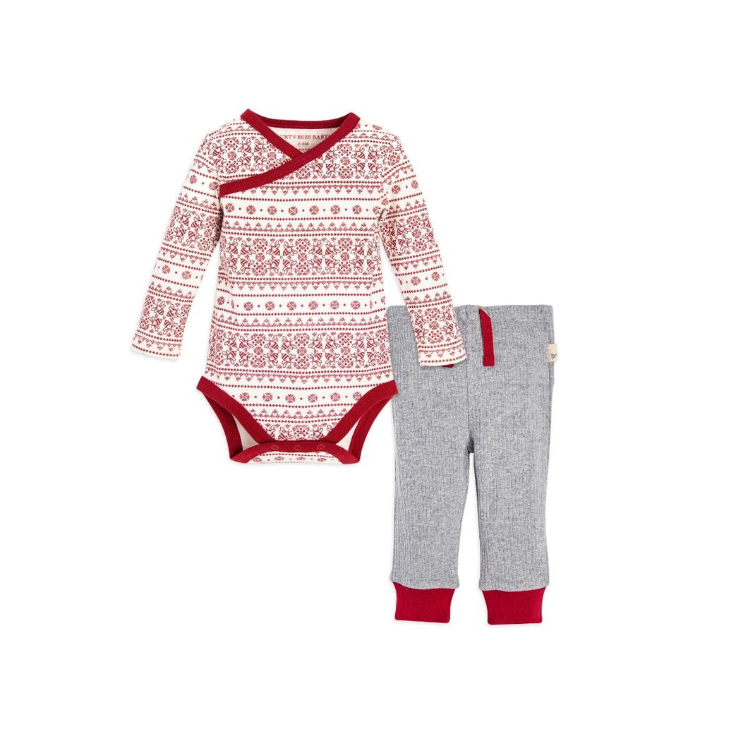 Burt's Bees Fair Isle Kimono Bodysuit & Pant Set - Cranberry - Bloom Kids Collection - Burt's Bees